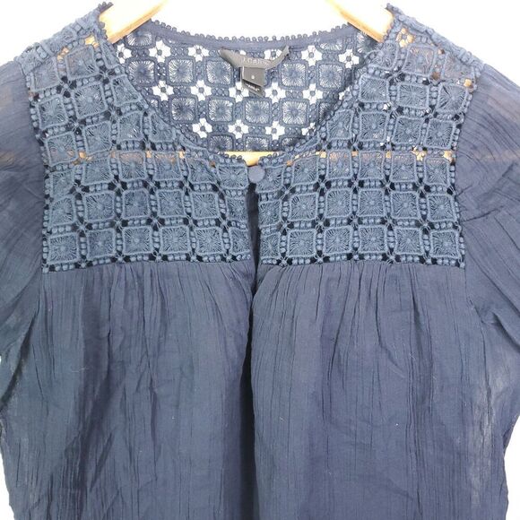 J Crew Top Womens Size 2 Embroidered Gauze Lightweight Navy Crochet Sheer Beachy - Picture 3 of 10